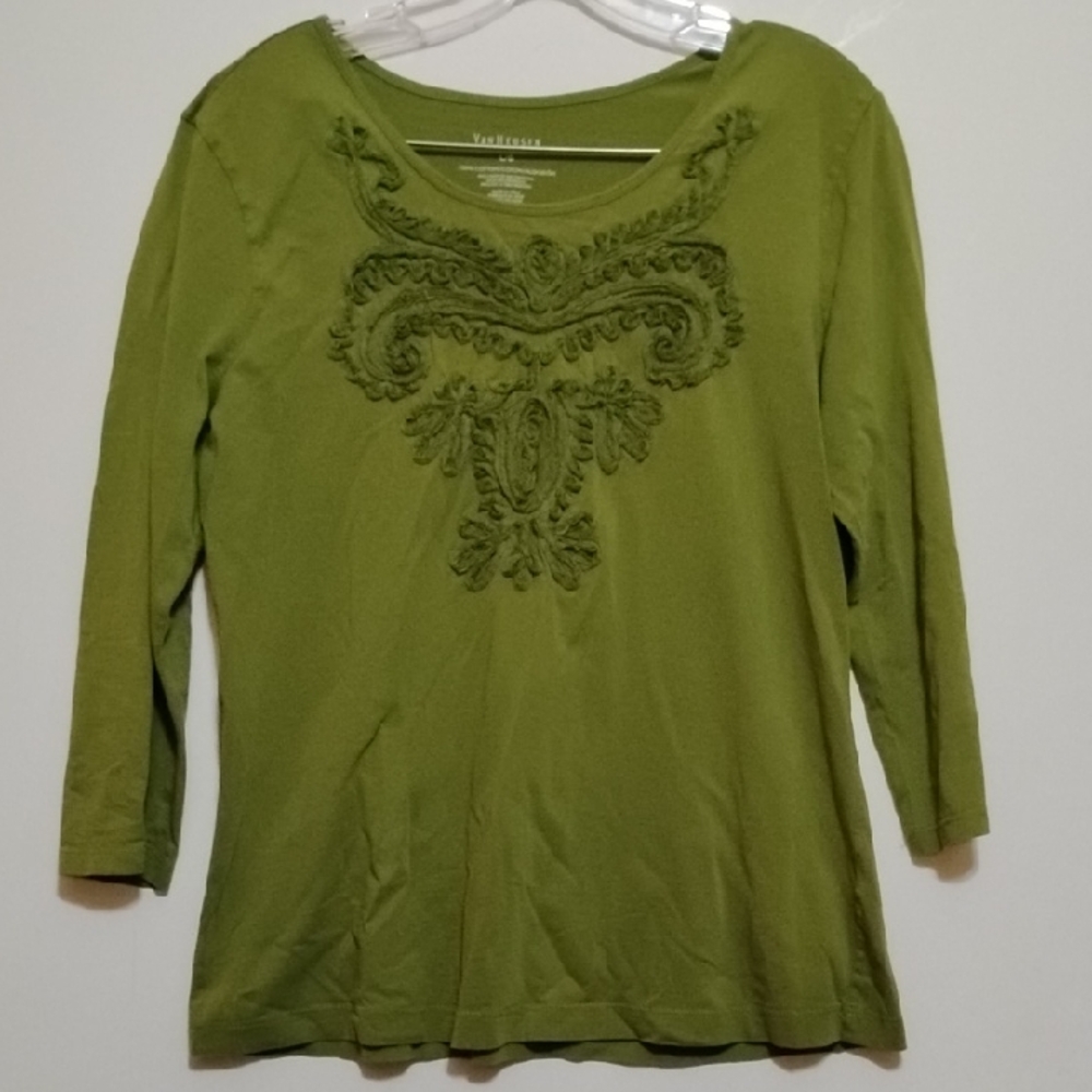 Van Heusen Olive Cord Embroidered Long Sleeve Top 100%Cotton  L